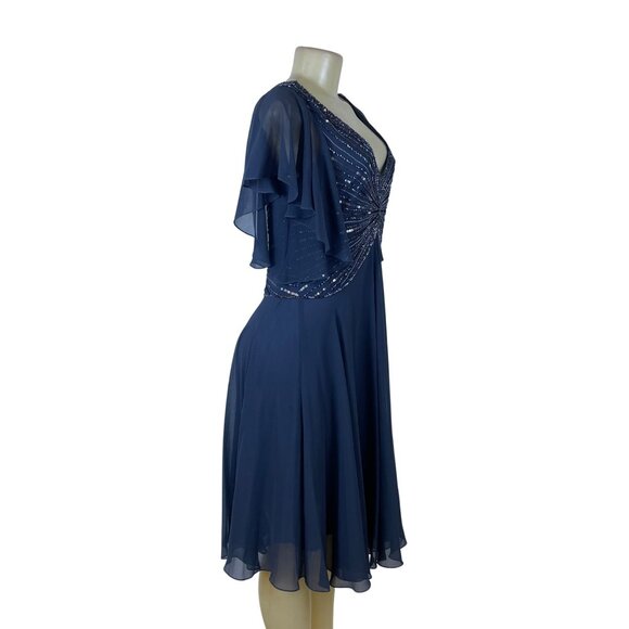 Jkara Womens Navy Polyester Beaded Flutter Sleeve Chiffon Cocktail Dress Size 8 - Picture 2 of 6